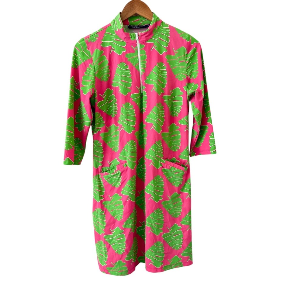 Katherine Way 1/4 Zip Tropical Leaf Shift Dress Womens M Pink Green Preppy Beach